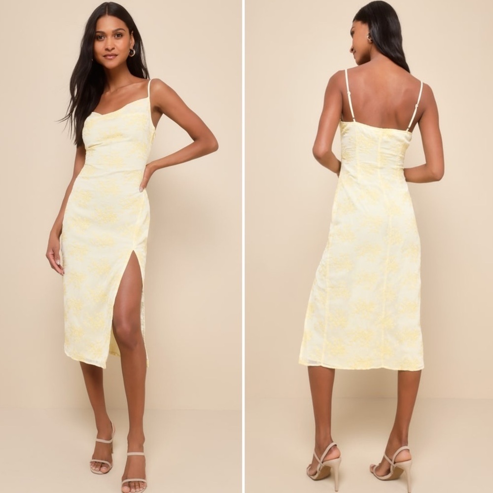 Lulus Lovely Existence Light Yellow Embroidered Cowl Neck Midi Dress Size XL